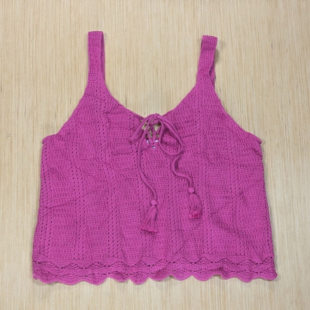 Old Navy Crochet Crop Sweater Tank Top Tie Front Pink Festival Women's Medium